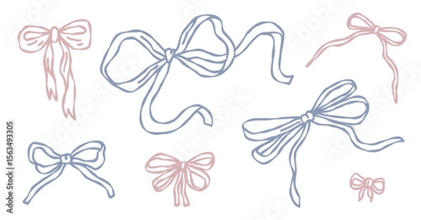 Fototapeta Set of hand-drawn bows in pastel pink and blue. Decorative sketch style with ribbon shapes, loose lines, loops, and flowing tails. Flat minimal vector on white background