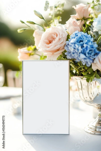 Fototapeta Blank silver frame mockup placed on a wedding table with pink roses and blue hydrangeas in a silver vase
