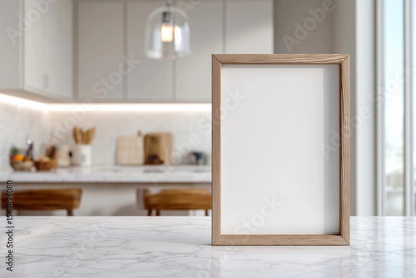 Fototapeta Natural wood frame with blank white space standing on a sleek kitchen island, ideal for showcasing custom prints, menu designs, or home decor concepts in a modern interior