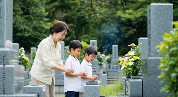 Fototapeta 家族で行う夏のお墓参りと供養の風景