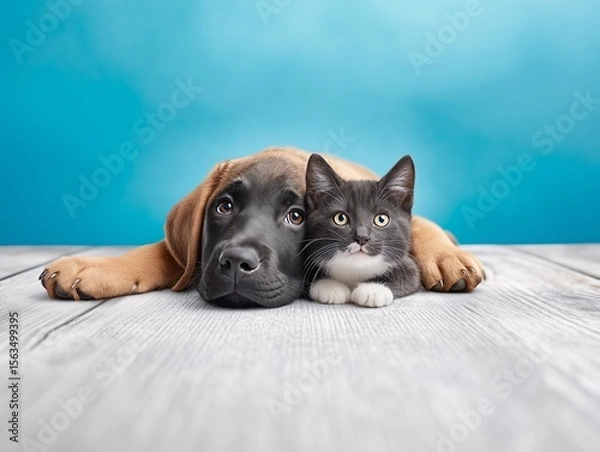 Fototapeta Charming puppy and kitten duo rest on wooden floor, creating a heartwarming scene of companionship against a serene blue backdrop.