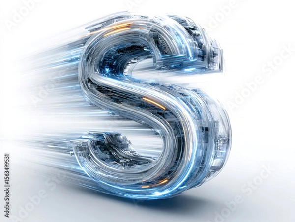 Fototapeta A 3D, blue-silver S letter in futuristic style, made of motion blur trails, glowing lines and aerodynamic forms, suggesting speed and technology The S has a three-dimensional appea - AI-Generated