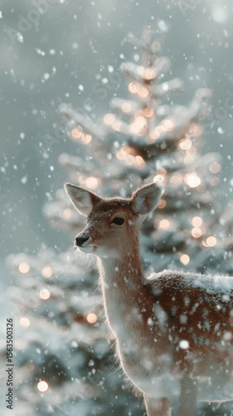 Fototapeta A peaceful deer stands amidst falling snow with a softly lit, decorated tree in the wintery background.