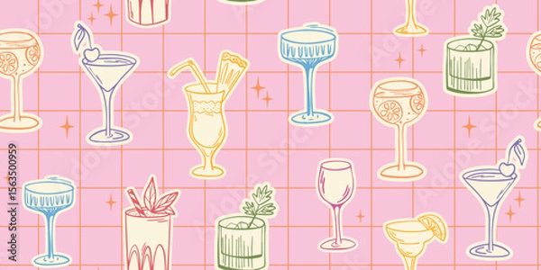 Fototapeta Seamless retro pattern with colorful cocktails on pink grid background
