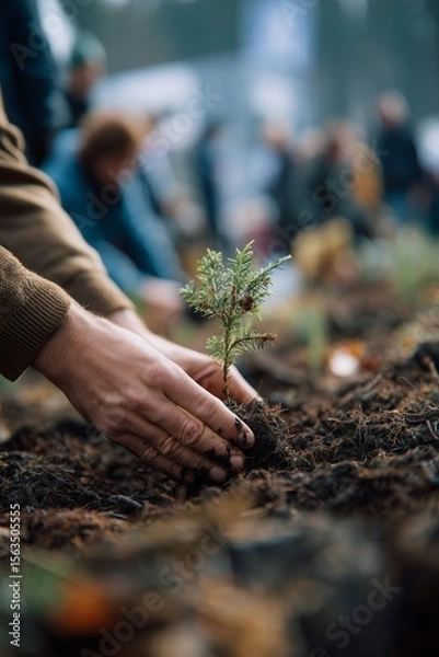 Fototapeta Close-up of hands planting a small tree in soil during a community tree-planting event to promote environmental conservation.