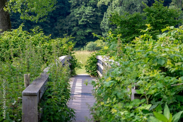 Obraz Wooden bridge crossing small river in Valkenburg aan de Geul, The Geul is a river in Belgium and in the Netherlands, A right-bank tributary to the river Meuse, The southeastern Dutch province, Limburg