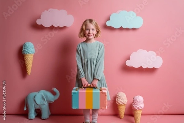 Fototapeta Smiling girl stands with a vibrant suitcase against a playful backdrop of clouds, ice cream cones, and an elephant.