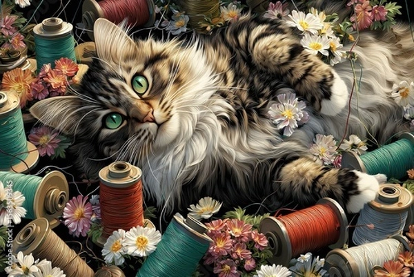 Fototapeta fluffy cat tangled playfully in a garden of spools and threads, flowers blooming from the fabric itself