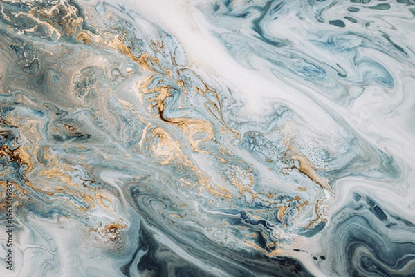 Fototapeta Abstract acrylic fluid texture in blue tones and golden splashes