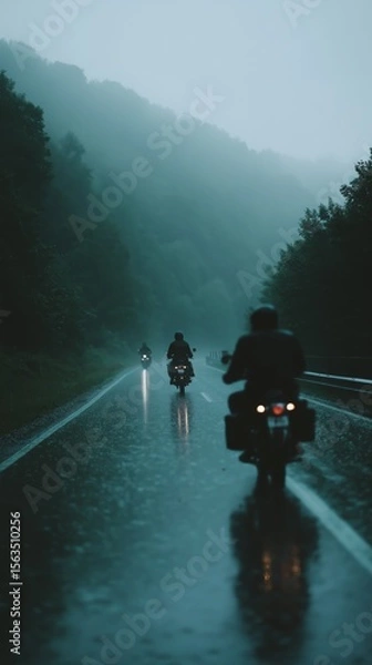 Fototapeta Motorcyclists ride through a misty, rain-soaked mountain road, conveying adventure and resilience in challenging weather.