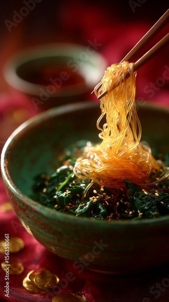 Fototapeta A close-up of glass noodles lifted by chopsticks over a bowl with spinach and sesame seeds, on a red background.