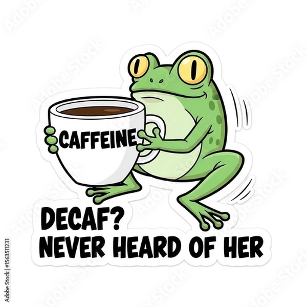 Fototapeta Hyperactive Frog with "Caffeine" Mug and "Decaf? Never Heard of Her" Slogan