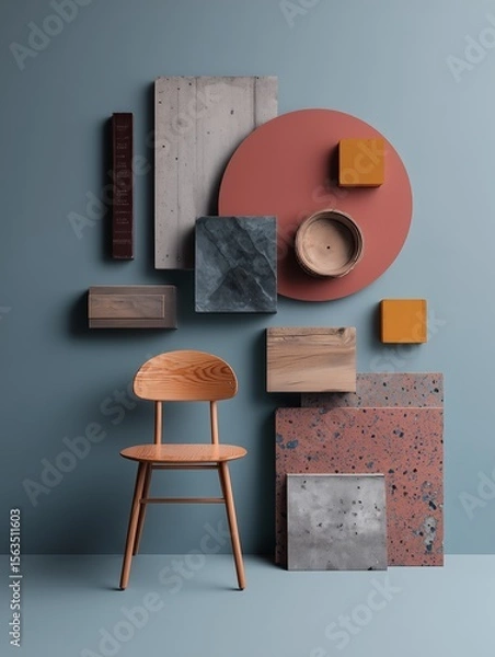 Fototapeta A stylish wooden chair and varied geometric wall elements create a harmonious modern composition in this minimalist interior design setup.