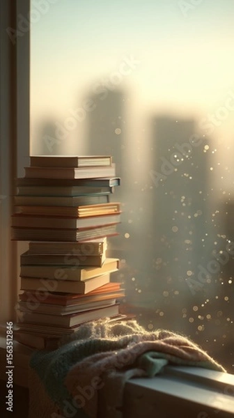 Fototapeta A cozy stack of books rests against a window illuminated by gentle sunlight, with city buildings softly blurred outside.