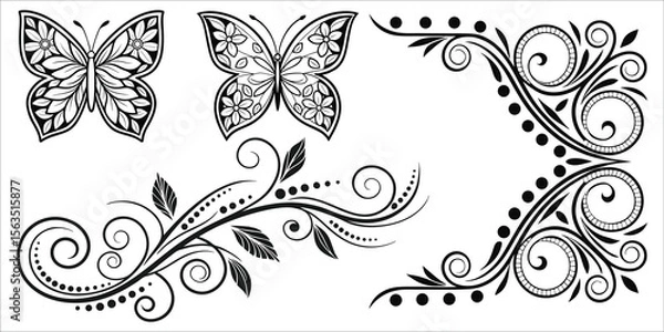 Fototapeta Elegant floral butterfly and scroll designs decorative
