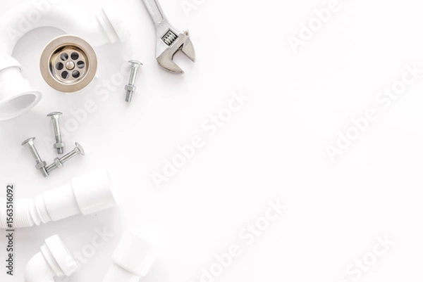 Obraz Plumber profession with gear and instruments for repair tubes on white background top view copyspace