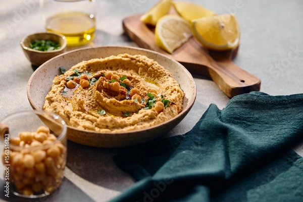 Fototapeta Delicious hummus with olive oil, chickpeas and parsley