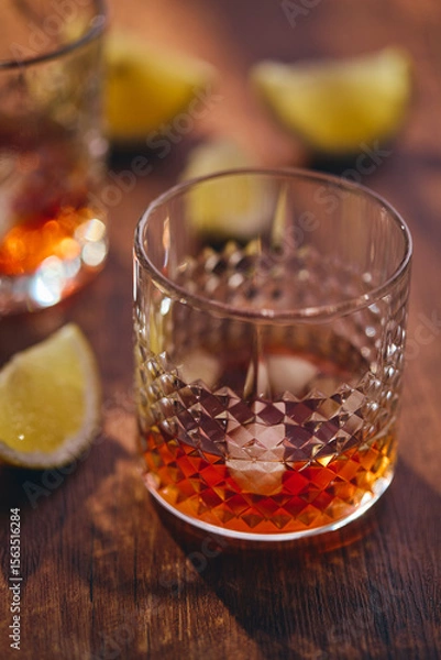 Fototapeta Glasses of whiskey with ice and lemon slices on a wooden table in the rays of light. Shallow depth of field