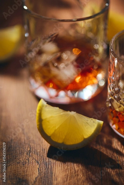 Fototapeta Glasses of whiskey with ice and lemon slices on wooden table in the rays of light. Shallow depth of field, close up.