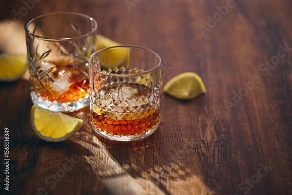 Fototapeta Glasses of whiskey with ice and lemon slices on a wooden table in the rays of light. Shallow depth of field