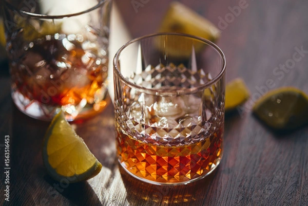 Fototapeta Glasses of whiskey with ice and lemon slices on a wooden table in the rays of light. Shallow depth of field