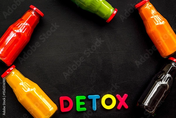 Obraz vegetable and fruit juice in bottles for detox drink on black background top view mock up
