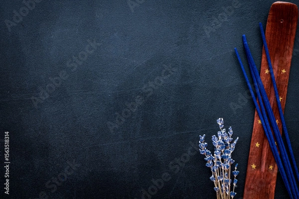 Obraz incense sticks with lavander for fresh air on dark background top view mock up