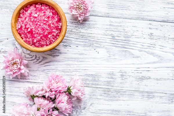 Obraz aroma therapy with pink flower fragrance and spa salt on white wooden background top view space for text
