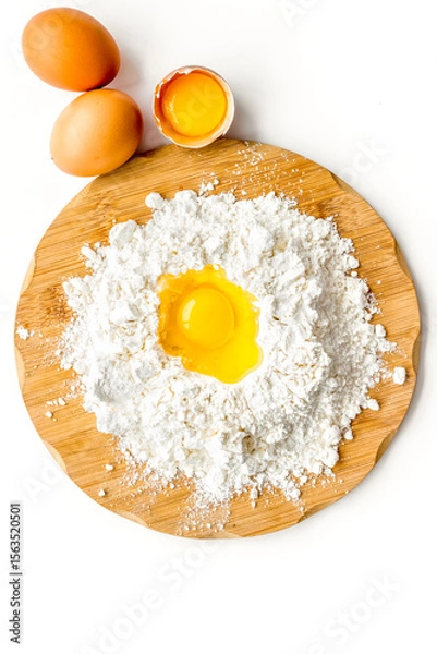 Obraz Making dough concept. Pile of flour and eggs on white background top view