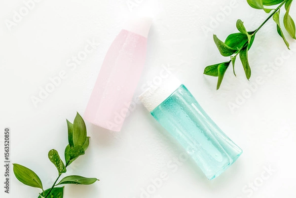 Obraz Organic cosmetics for face clearing with facial tonic and mycelial water on white background top view copy space