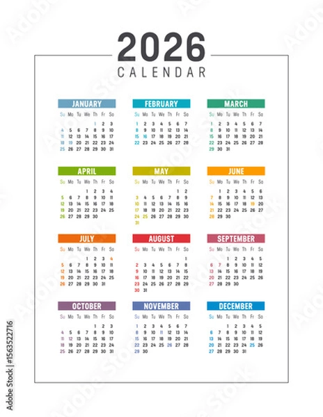 Obraz Year 2026 vertical calendar, colorful USA planner, white background english language