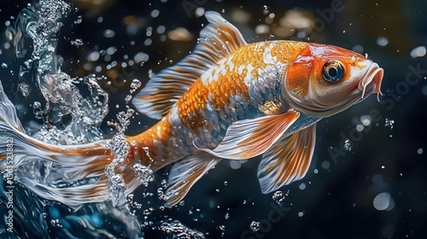 Fototapeta Vibrant Koi Fish Swimming in Crystal Clear Water with Bubbles
