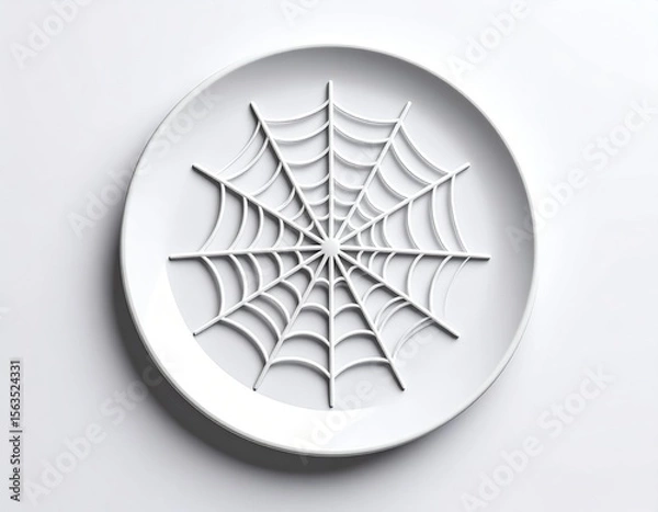 Fototapeta 3D spiderweb icon stretched across a plate edge, cute Halloween motif, minimal white or blurred background