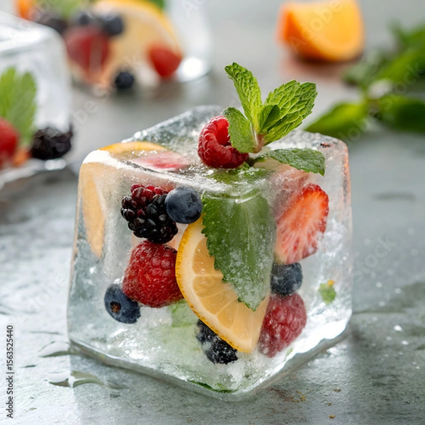 Fototapeta Frozen ice cube with assorted berries, lemon slice, and mint, refreshing summer accent.