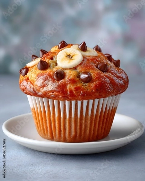 Fototapeta Delicious banana muffin with chocolate chips, warm and moist pastry, sweet baked treat, comfort food presentation for lifestyle, menu, cafe or cookbook.