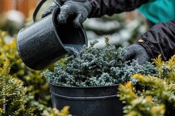 Obraz Caring for Small Evergreen Plants with Watering Can in Garden
