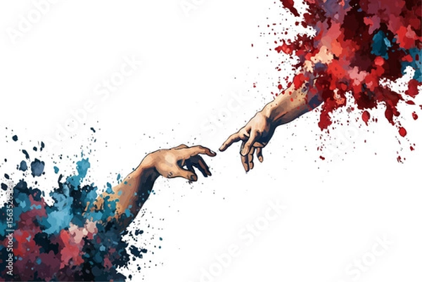 Fototapeta Two hands reaching out with paint splatters in red and blue on a white background in artwork style.