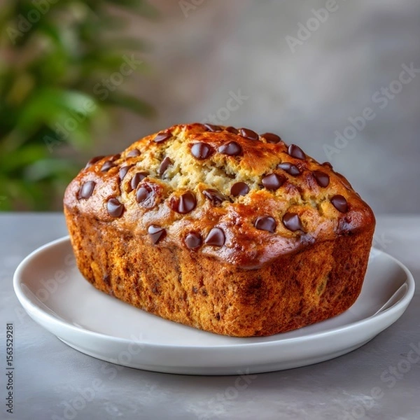 Fototapeta Close-up of moist banana bread with chocolate chips, homemade dessert, sweet snack, cozy bakery style, comfort food photography for recipe or menu.