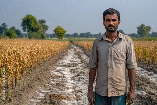 Obraz Farmer Standing Alone in Dry Cornfield Under Clear Blue Sky