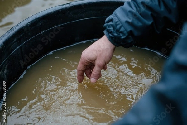 Obraz Hand Reaching into Container of Murky Water for Testing Purposes