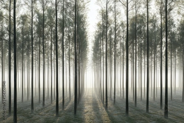 Obraz Misty Forest with Tall Trees and Ethereal Light Rays at Dawn