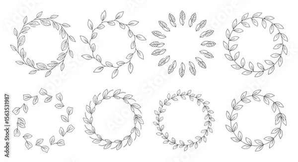 Fototapeta Elegant botanical wreath illustrations featuring delicate leaves and feathers for artistic designs