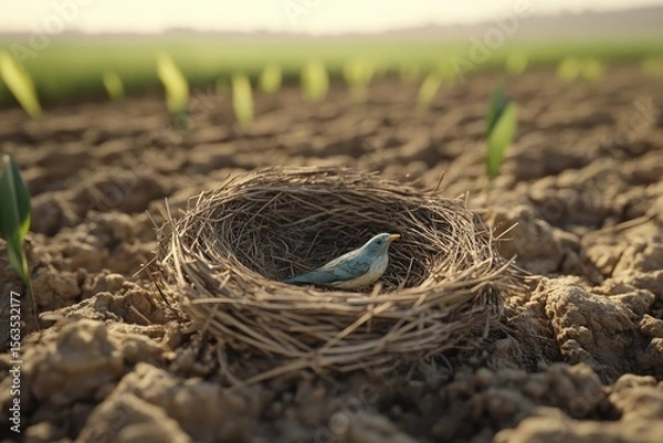 Obraz Nest with Bird Figurine on Farm Field Soil in Soft Morning Light