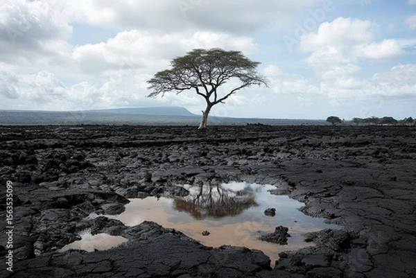 Obraz Solitary Tree on Black Lava Landscape with Reflective Water Pool