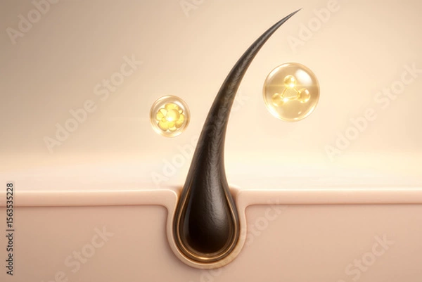 Fototapeta A luxurious 3D close-up illustration of a healthy black hair strand emerging from a nourished follicle with golden serum molecules, representing advanced scalp care, hydration, and revitalization.