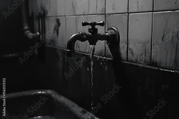 Obraz Vintage Tap with Water Flowing in a Dimly Lit Industrial Space