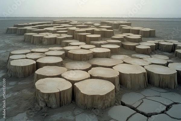 Obraz Tranquil Landscape of Tree Stumps on an Expansive Dry Ground