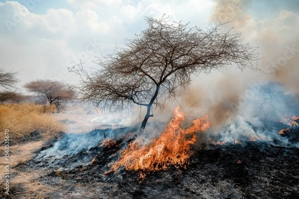 Obraz Wildfire Burning Through Grassland with Tree and Smoke Rising