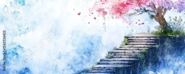 Obraz A watercolor painting of stone steps ascending beside a blossoming tree with pink flowers against a serene blue and white sky background.