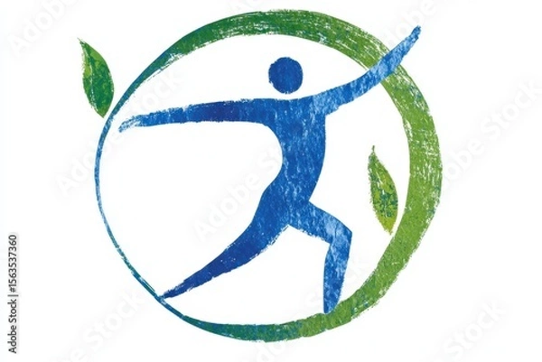 Fototapeta Dynamic Blue Figure in Action Surrounded by Green Leaves, Representing Health, Wellness, and Nature in a Vibrant and Energetic Design